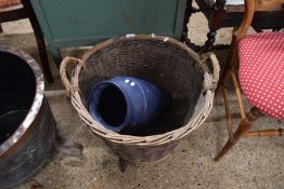 WICKET LOG BASKET TOGETHER WITH A BLUE PAINTED BATH (2)