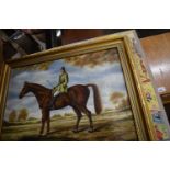 M C HARPER, STUDY OF A HORSE AND RIDER, OIL ON BOARD, GILT FRAMED, TOGETHER WITH FURTHER PRINT OF