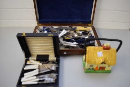 MIXED LOT VARIOUS SILVER PLATED CUTLERY IN A MAHOGANY CANTEEN PLUS FURTHER CASE OF FISH CUTLERY