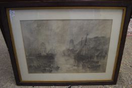 GEORGE SHEFFIELD, A MONOCHROME STUDY OF BOATS IN A HARBOUR, OAK FRAMED AND GLAZED, 109CM WIDE