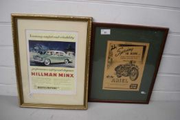 COLOURED PRINT - HILLMAN MINX, AND A FURTHER PRINT - ARIEL MOTORBIKE, BOTH F/G (2)