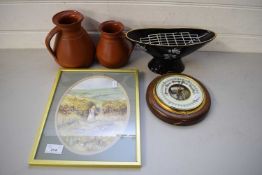 MIXED LOT COMPRISING A SMALL ANEROID BAROMETER, FRAMED STUDY OF A GIRL PICKING DAISIES, TWO