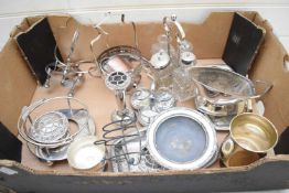 BOX VARIOUS MIXED SILVER PLATED WARES TO INCLUDE CRUET, GRAVY BOAT AND STAND ETC