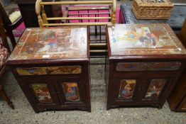 PAIR OF 20TH CENTURY CHINESE BEDSIDE CABINETS, SINGLE DRAWER AND TWO DOORS, DECORATED WITH FIGURES