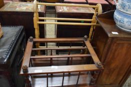 VICTORIAN MAHOGANY CANTERBURY MAGAZINE RACK, 56CM WIDE TOGETHER WITH A WOODEN TOWEL RAIL (2)