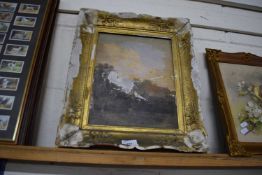 19TH CENTURY OIL STUDY OF A RIVERSIDE SCENE, SET IN A GILT FRAME, FRAME MARKED 'OLD CROME',