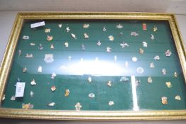 DISPLAY CASE CONTAINING VARIOUS SMALL PIN BADGES