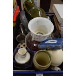 BOX OF MIXED WARES TO INCLUDE A LARGE MEDIEVAL REVIVAL GREEN GLAZED JUG, POSSIBLY DEVONWARE,