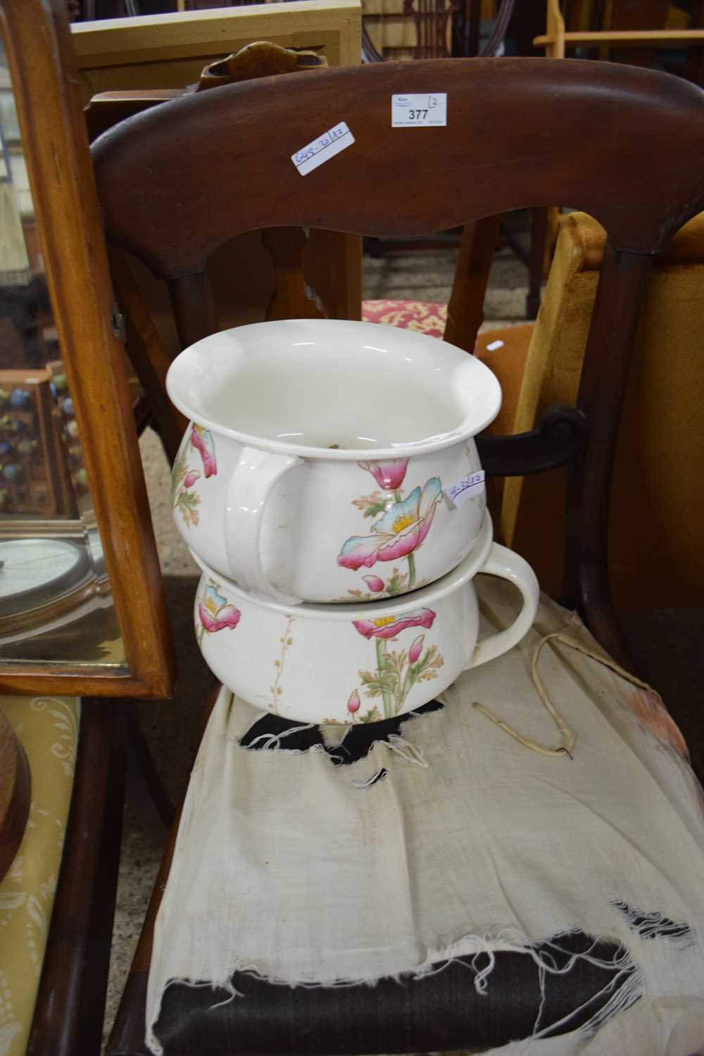 PAIR OF FLORAL DECORATED CHAMBER POTS