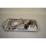MIXED LOT OF SILVER PLATED SERVING TRAY CONTAINING VARIOUS CIGARETTE CASES, VESTA, NAPKIN RINGS ETC
