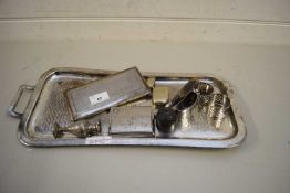 MIXED LOT OF SILVER PLATED SERVING TRAY CONTAINING VARIOUS CIGARETTE CASES, VESTA, NAPKIN RINGS ETC