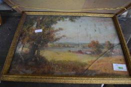 TWO STUDIES OF COUNTRY SCENES WITH COTTAGES AND CHURCH, WATERCOLOURS, GILT FRAMED, 37CM WIDE