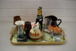 TRAY OF MIXED ITEMS TO INCLUDE POTTERY JUGS, BOTTLED LAGER, TEACHERS SCOTCH WHISKY JUG, JERSEY