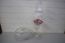 LARGE CUT GLASS BOWL TOGETHER WITH A CLEAR GLASS PEDESTAL COVERED JAR