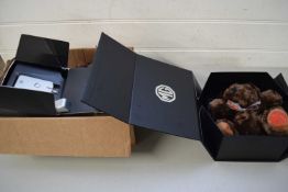 BOX OF MIXED ITEMS TO INCLUDE A CASED MG TEDDY BEAR, PRESSED GLASS BOWL ETC