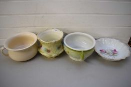 MIXED LOT COMPRISING TWO CHAMBER POTS, FLORAL DECORATED BOWL AND A FLORAL JARDINIERE