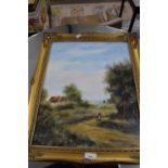 B R NOBBS, STUDY OF FIGURES ON A COUNTRY LANE, OIL ON BOARD, GILT FRAMED, 59CM HIGH