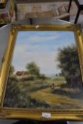 B R NOBBS, STUDY OF FIGURES ON A COUNTRY LANE, OIL ON BOARD, GILT FRAMED, 59CM HIGH