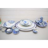 VARIOUS BLUE AND WHITE POTTERY TO INCLUDE HORS D'OEUVRES DISH, MEAT PLATES, SMALL VASES, BOWLS ETC