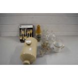 MIXED LOT COMPRISING STONEWARE HOT WATER BOTTLE, A NEWCASTLE ON TYNE GINGER BEER BOTTLE, GLASS TEA