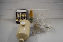 MIXED LOT COMPRISING STONEWARE HOT WATER BOTTLE, A NEWCASTLE ON TYNE GINGER BEER BOTTLE, GLASS TEA