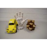 POTTERY MODEL OF A CITROEN 2CV TOGETHER WITH A MODEL OF MONKS AND A PALMISTRY MODEL