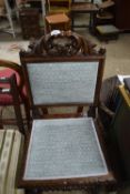 VICTORIAN OAK FRAMED HALL CHAIR WITH BLUE UPHOLSTERED SEAT AND BACK