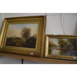 20TH CENTURY BRITISH SCHOOL, STUDY OF RUINS BY RIVERSIDE, INDISTINCTLY SIGNED, OIL ON BOARD, GILT