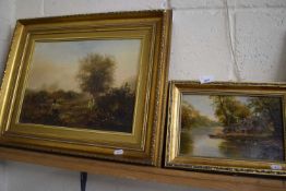 20TH CENTURY BRITISH SCHOOL, STUDY OF RUINS BY RIVERSIDE, INDISTINCTLY SIGNED, OIL ON BOARD, GILT