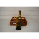 SMALL BRASS AND BLACK LACQUERED MONOCULAR MICROSCOPE IN HARDWOOD CASE