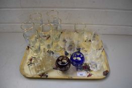 TRAY VARIOUS ASSORTED DRINKING GLASSES, GLASS CRUET ETC
