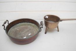 CAST BRASS SKILLET TOGETHER WITH A COPPER TWO-HANDLED PAN