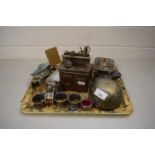 TRAY OF MIXED ITEMS TO INCLUDE A MINIATURE COPPER AND IRON COOKING RANGE, VARIOUS CRUET ITEMS,
