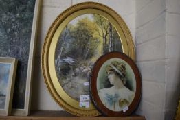 OVAL COLOURED PRINT 'SHEEP ON A WOODLAND TRACK' TOGETHER WITH TWO FURTHER OVAL PORTRAIT PRINTS,