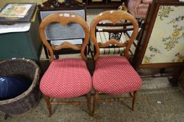 PAIR OF VICTORIAN STAINED BEECH BALLOON BACK DINING CHAIRS WITH RED UPHOLSTERED SEATS