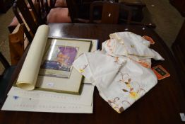 MIXED LOT VARIOUS TABLE CLOTHS, FRAMED MORRIS COWLEY MOTOR ADVERTISING PRINT, NELSON CALENDARS AND A