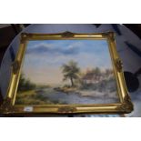 B R NOBBS, STUDY OF A COTTAGE BY A RIVER, OIL ON BOARD, GILT FRAMED, 58CM WIDE