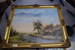 B R NOBBS, STUDY OF A COTTAGE BY A RIVER, OIL ON BOARD, GILT FRAMED, 58CM WIDE