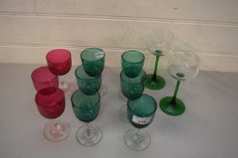 MIXED LOT VARIOUS TURQUOISE AND CRANBERRY WINE GLASSES PLUS VARIOUS OTHERS