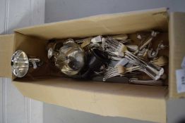 BOX VARIOUS SILVER PLATED CUTLERY, OTHER ASSORTED ITEMS
