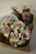 LARGE CAPO DI MONTE PORCELAIN MODEL OF A VASE OF FLOWERS TOGETHER WITH A PAIR OF JAPANESE VASES
