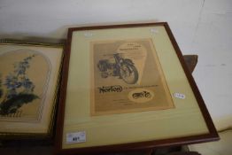 MIXED LOT - A NORTON MOTORCYCLE ADVERTISING PICTURE, A COLOURED PRINT OF NELSON AND AN OVAL
