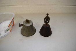 SMALL HAND BELL WITH FOLIATE HANDLE TOGETHER WITH A FURTHER HANGING BELL (2)