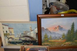 MODERN OIL ON BOARD STUDY OF A MOUNTAIN LANDSCAPE WITH FOREST AND COTTAGE IN FOREGROUND TOGETHER