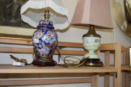VICTORIAN OPAQUE GLASS OIL LAMP BASE CONVERTED TO A TABLE LAMP TOGETHER WITH A FURTHER MODERN