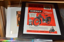 COLLECTION OF VARIOUS FRAMED MOTORCYCLE ADVERTISING PICTURES, FRAMED PHOTOGRAPHS AND OTHERS