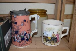 MIXED LOT COMPRISING STONEWARE JAR, VICTORIAN PEWTER LIDDED JUG AND A FURTHER MUG