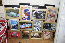 THREE MONTAGE PICTURE GROUPS OF MOTOR RACING AND PUNCH MAGAZINE PRINTS