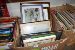 BOX OF MIXED PICTURES, STILL LIFE STUDY OF FLOWERS AND VARIOUS COLOURED PRINTS