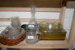 MIXED LOT OF PRESSED GLASS BOWLS, DECANTER, PEWTER LIDDED MUG ETC